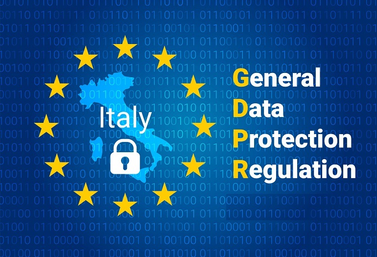 GDPR - General Data Protection Regulation. Map of Italy, EU flag. vector illustration